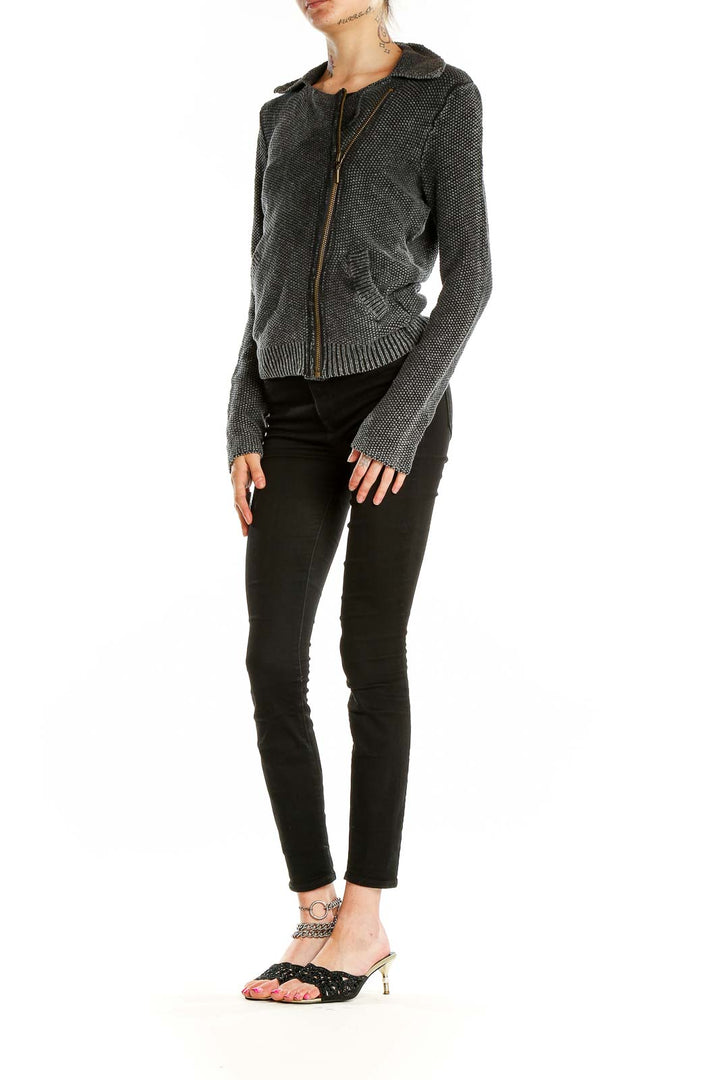 Front view of Free People gray knit moto-style sweater with asymmetrical zip