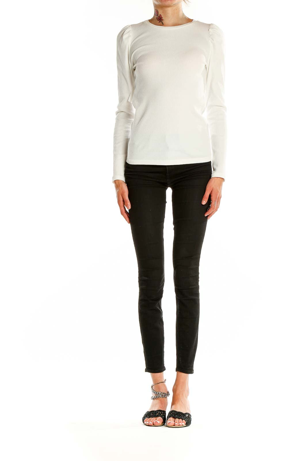 White Puff Sleeve Casual Long-Sleeve Shirt