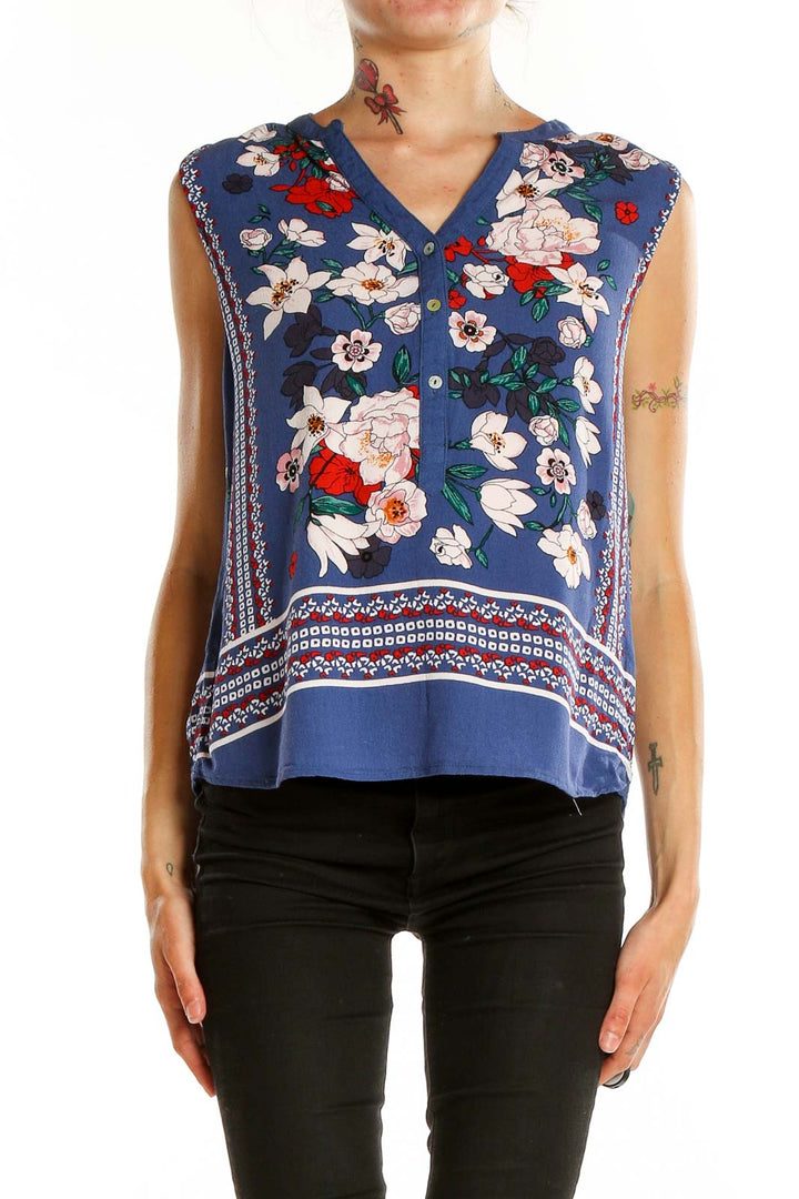 Blue Printed Sleeveless Blouse