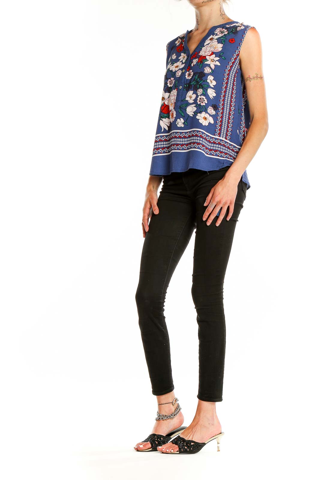 Blue Printed Sleeveless Blouse