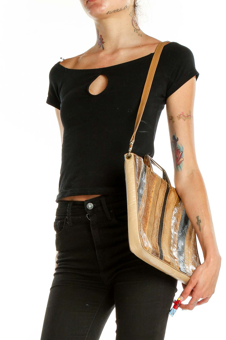 Brown Mixed Media Shoulder Bag