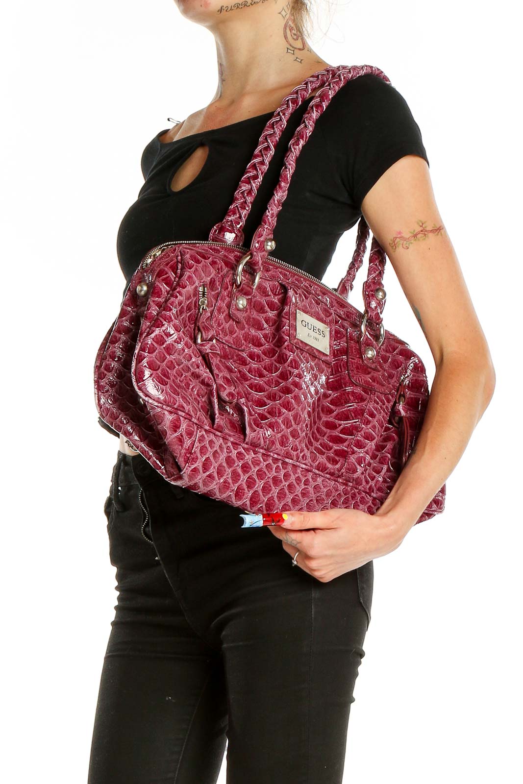 Red Crocodile Embossed Shoulder Bag