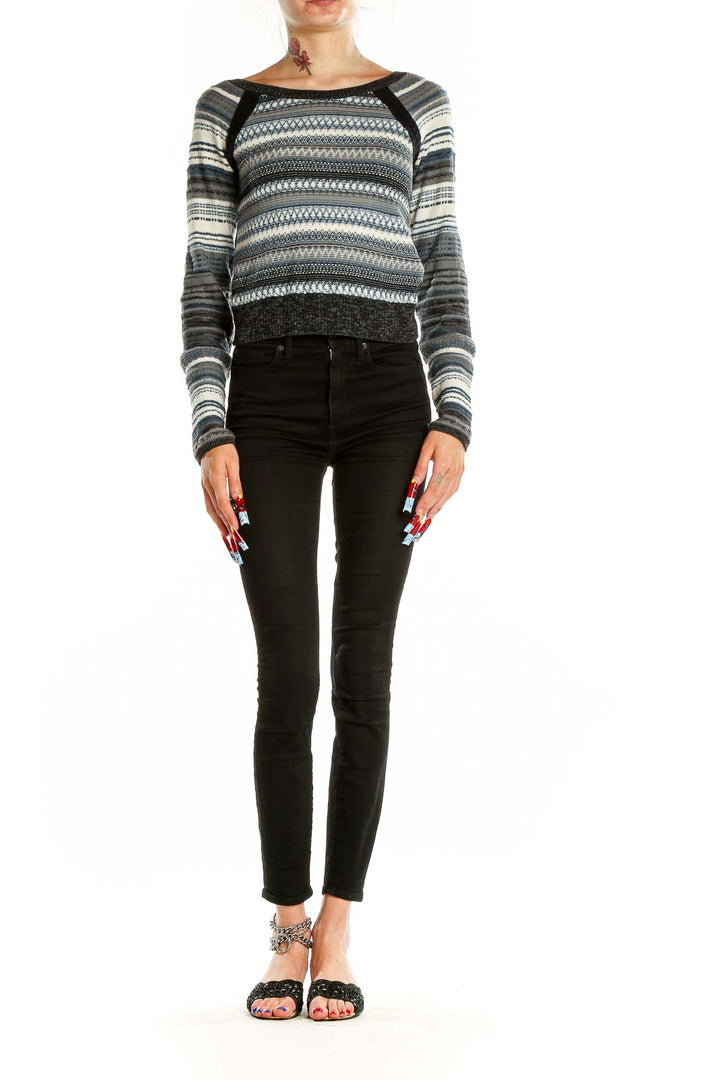 Front view of Free People Blue Striped Cropped Knit Sweater on model