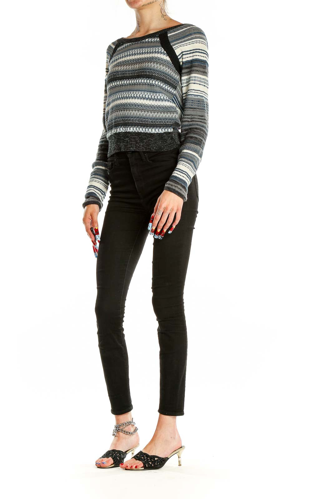 Front view of Free People Blue Striped Cropped Knit Sweater on model