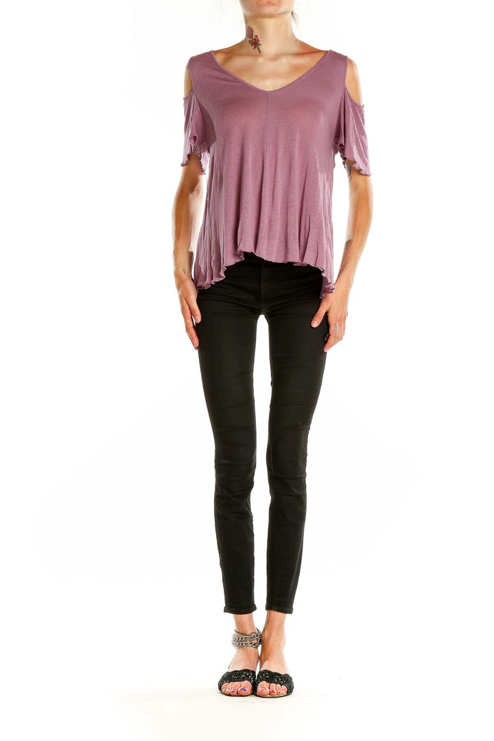 Front view of Free People mauve cold-shoulder V-neck top on model