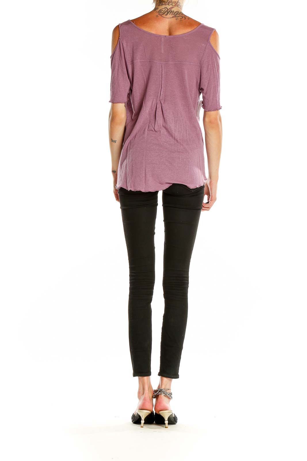 Back view of Free People mauve cold-shoulder top showing flowy silhouette