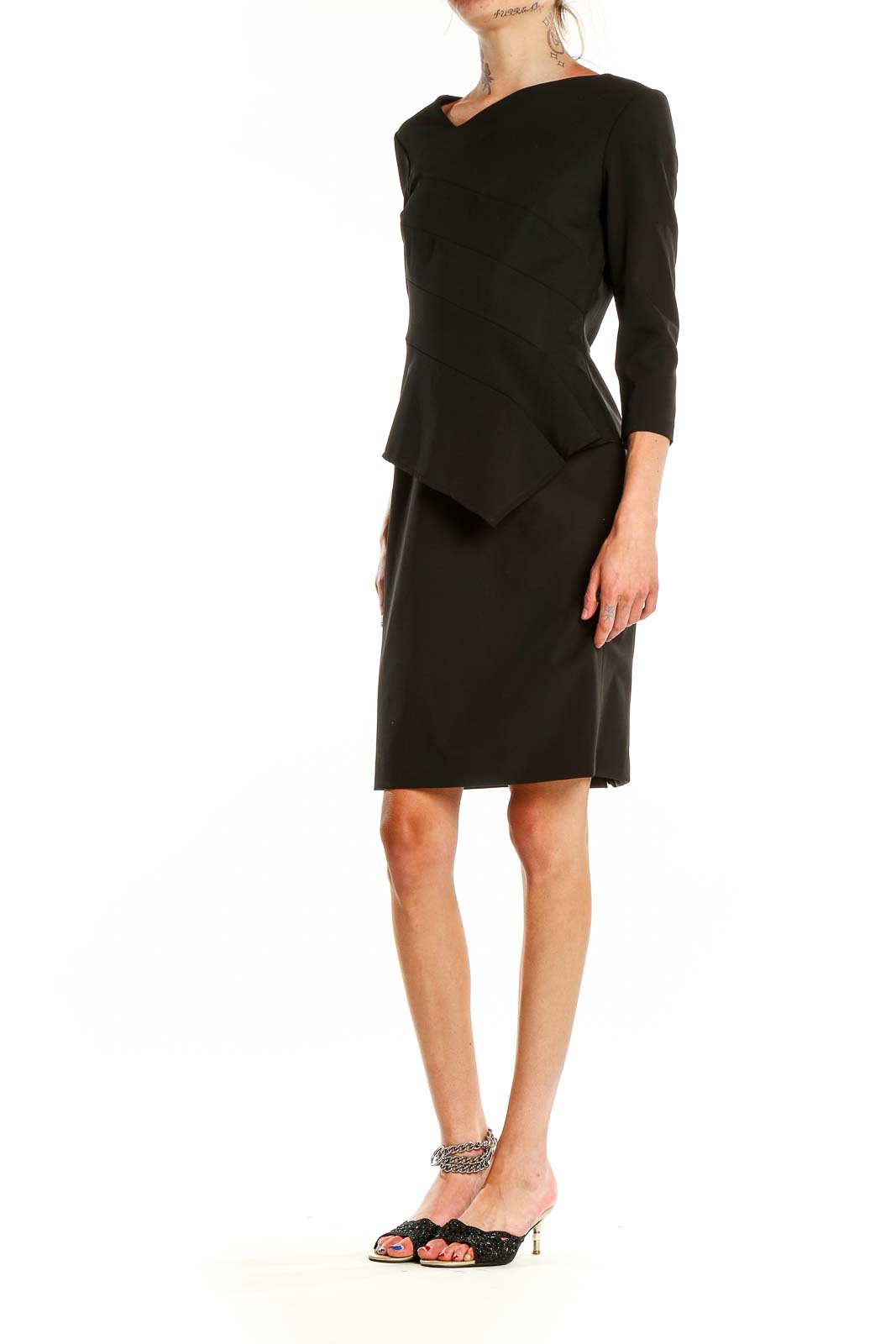 Black Waist Detail Asymmetrical Sheath Dress