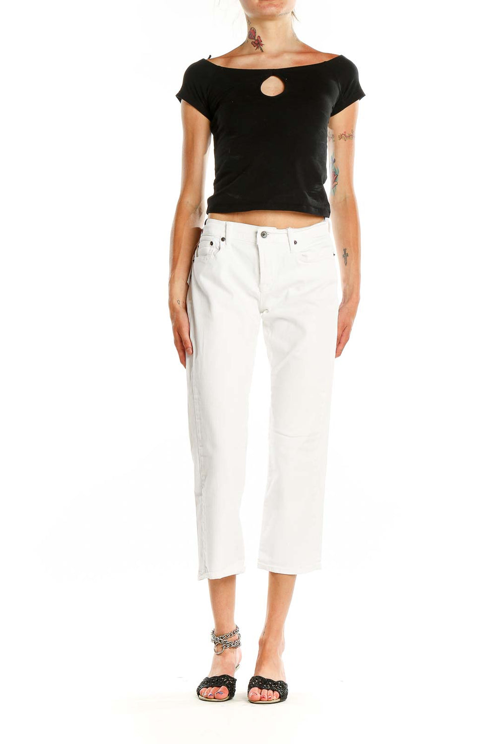 Front view of white cropped denim jeans from Lucky Brand