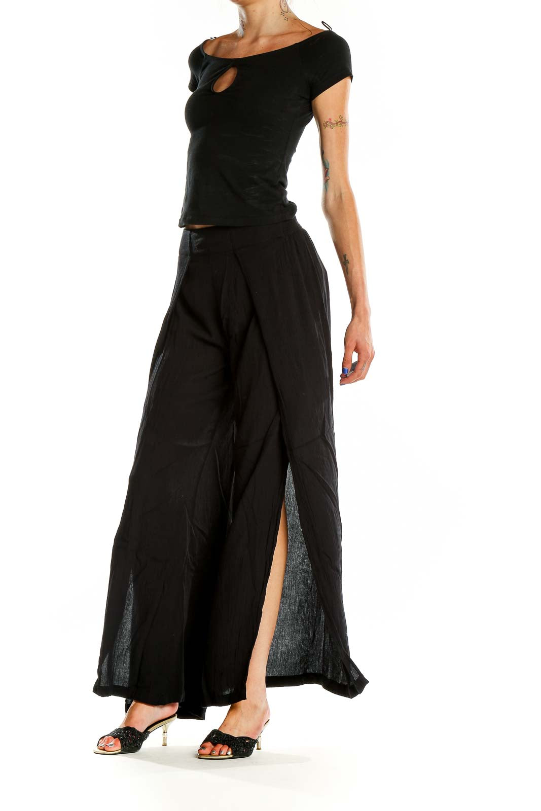 Black Textured Slit Pant