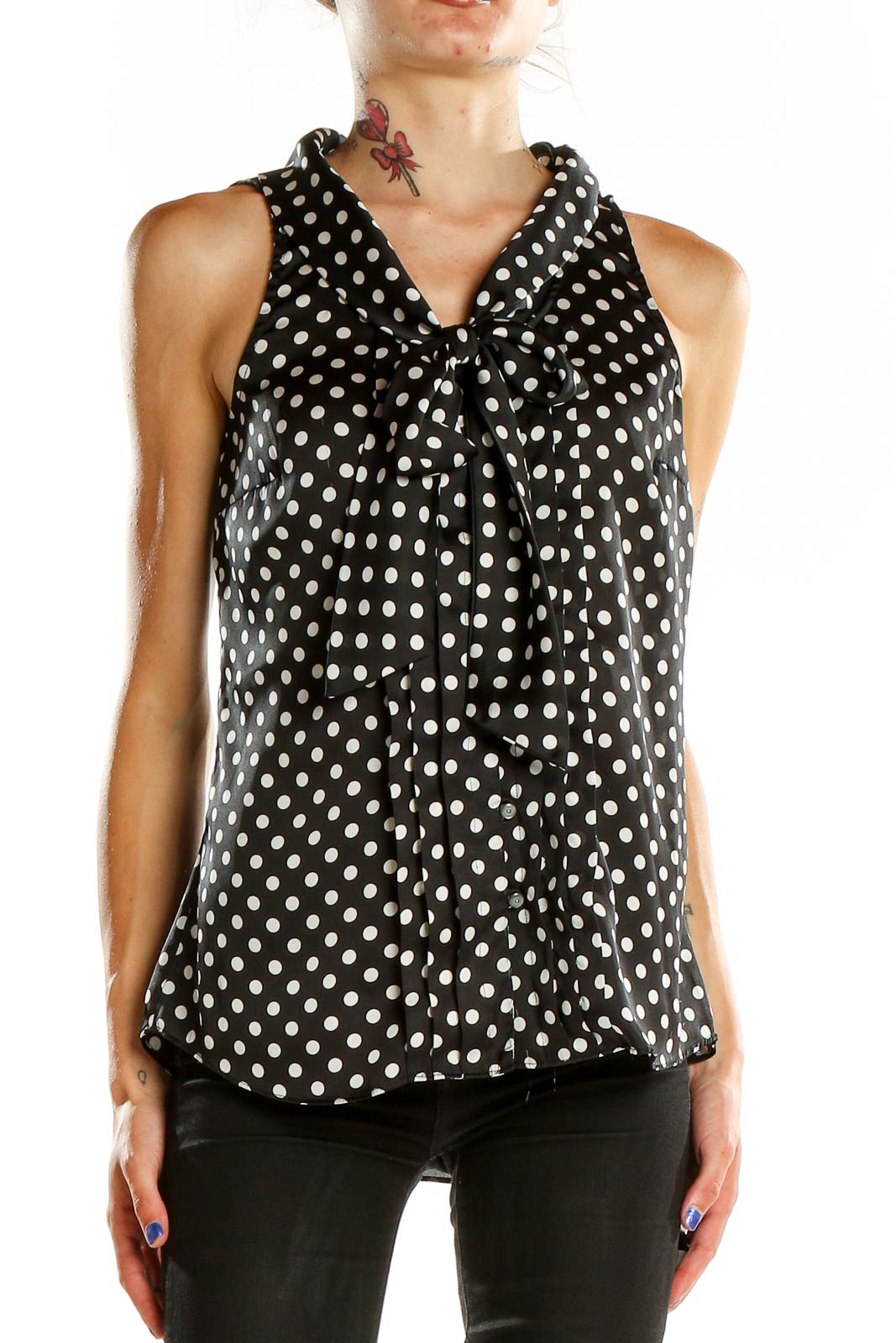 Front view of Black and White Polka Dot Sleeveless Blouse with tie-neck detail