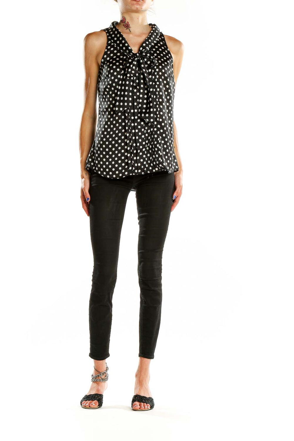 Front view of Black and White Polka Dot Sleeveless Blouse with tie-neck detail