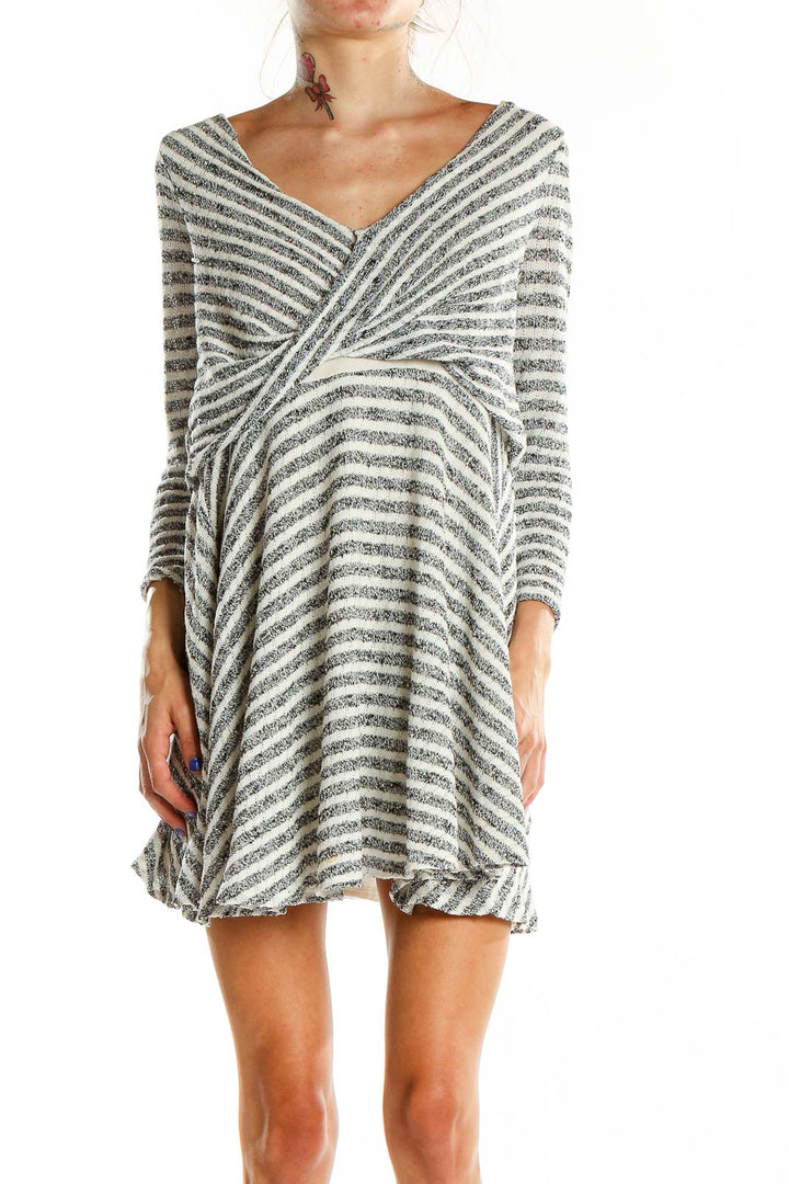 Front view of Free People gray striped cotton wrap dress with twisted front design