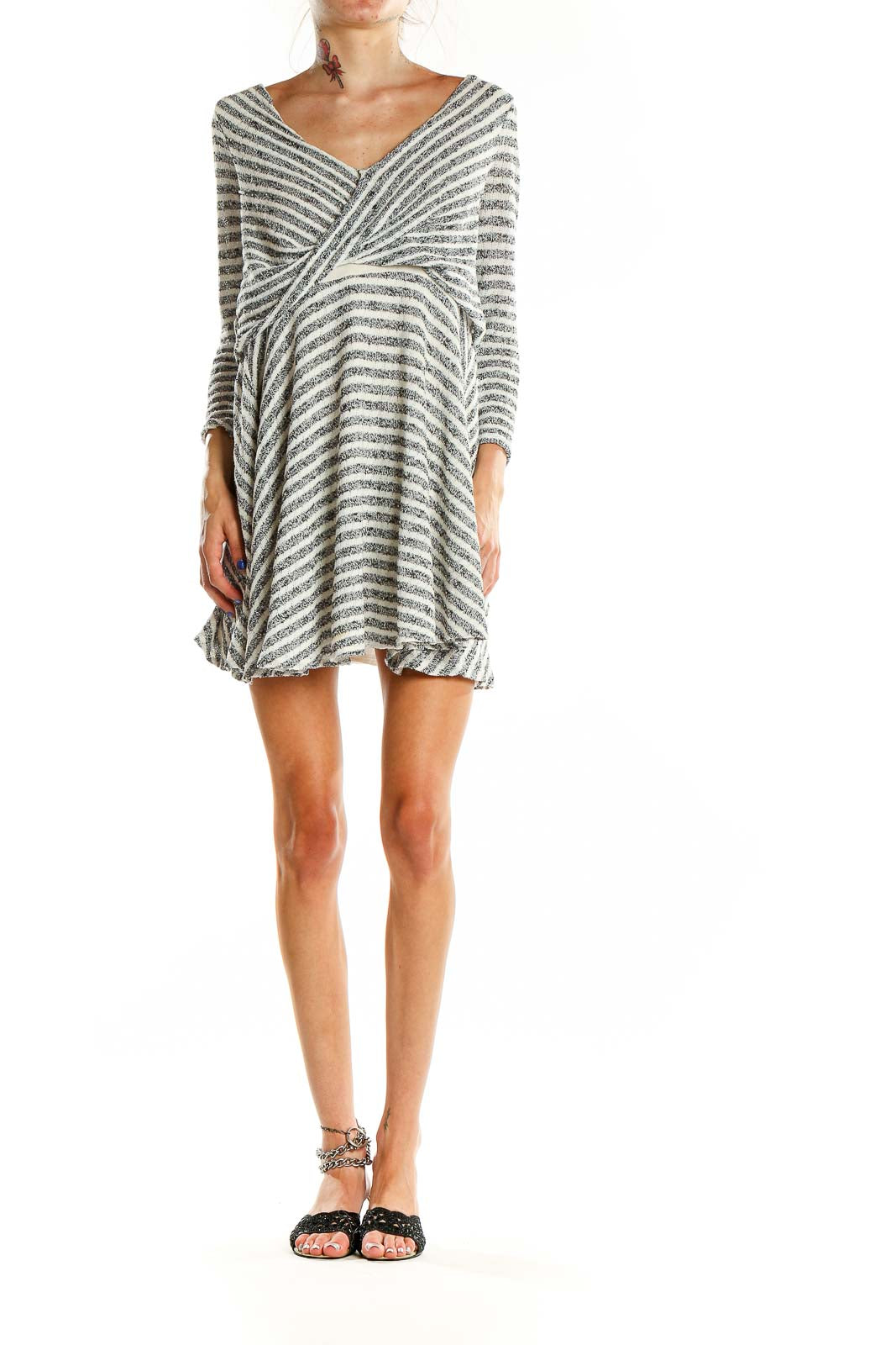 Front view of Free People gray striped cotton wrap dress with twisted front design