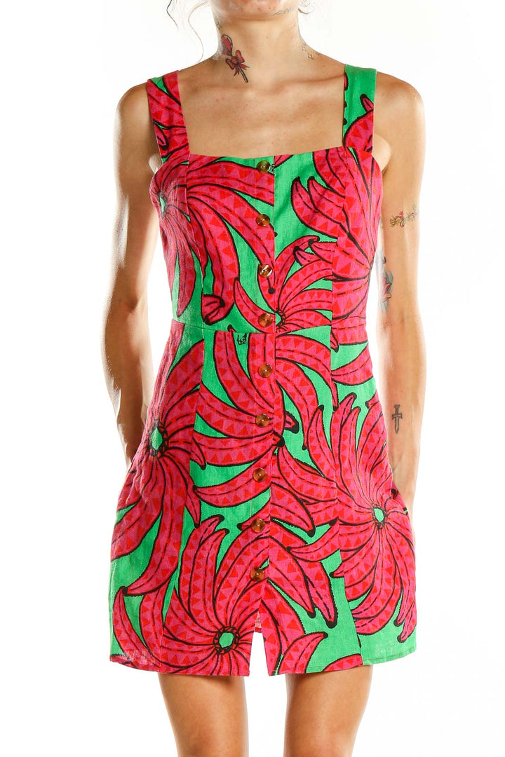 Pink Green Tropical Print A-Line Dress