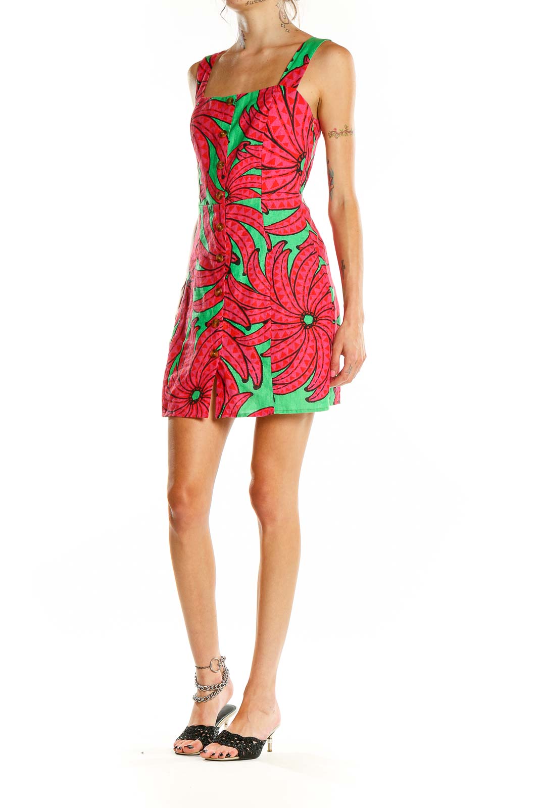 Pink Green Tropical Print A-Line Dress