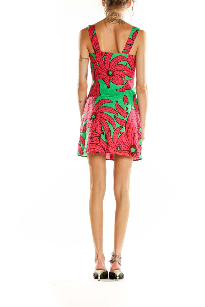 Pink Green Tropical Print A-Line Dress