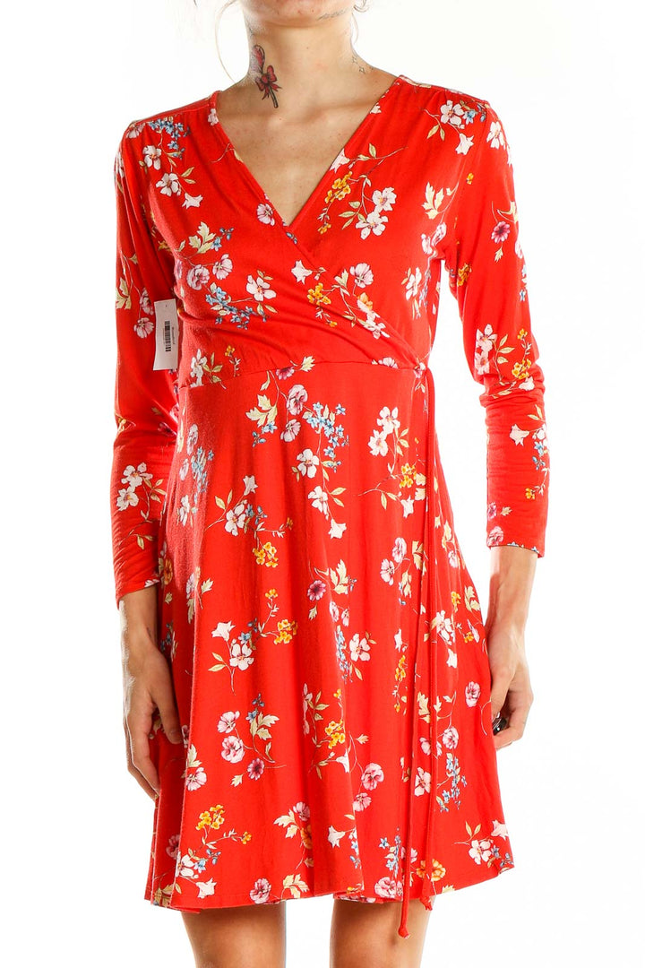 Red 3-4th Sleeve Floral Wrap Dress