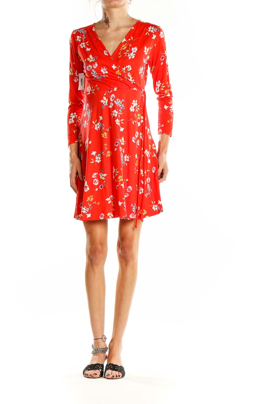 Red 3-4th Sleeve Floral Wrap Dress