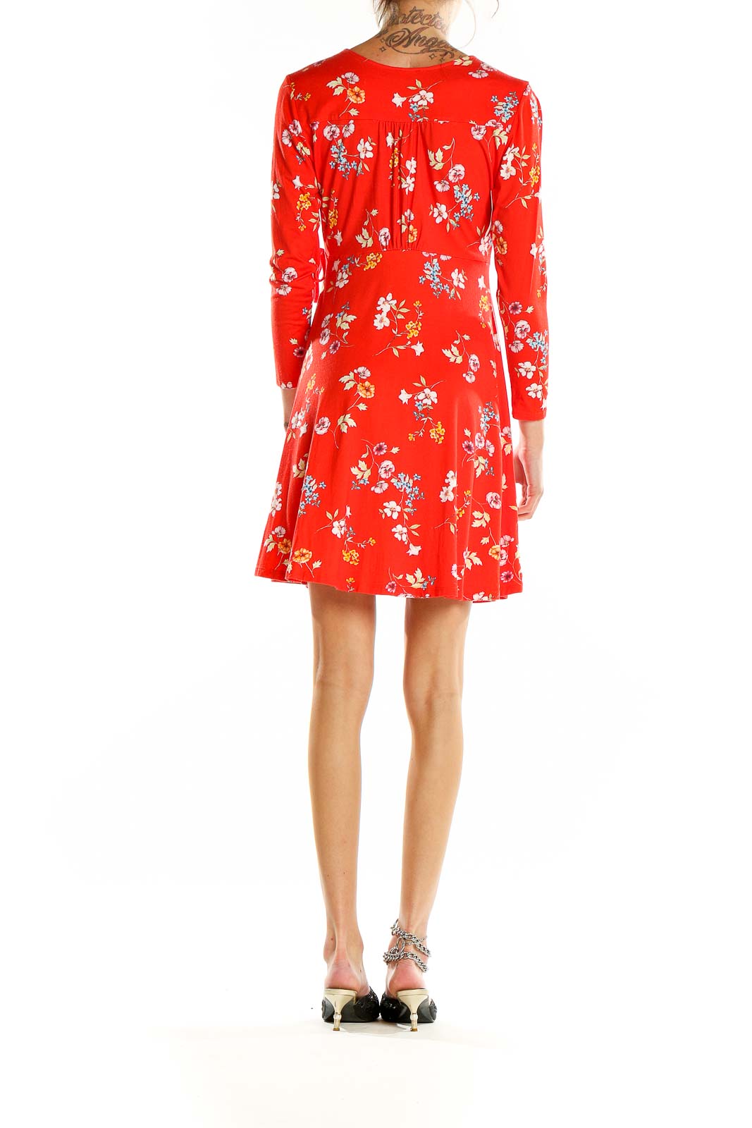 Red 3-4th Sleeve Floral Wrap Dress