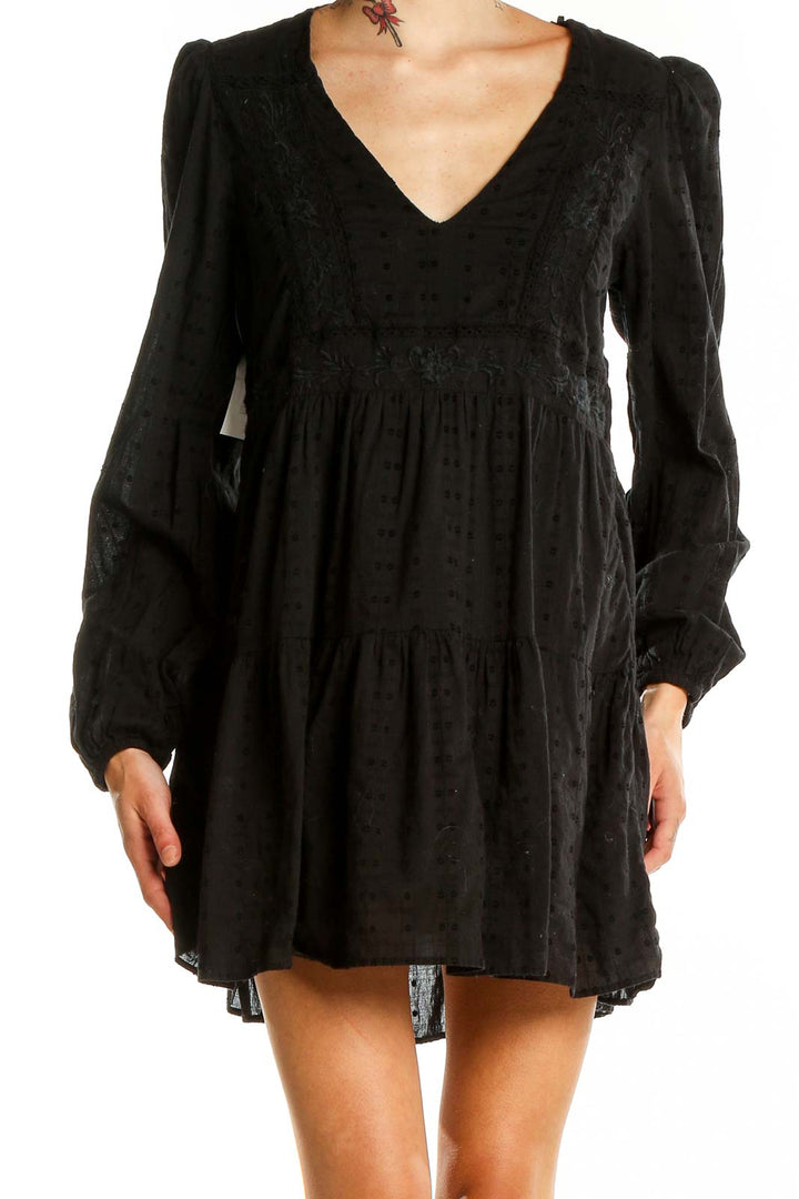 Black V Neck Embroidered Flare Dress