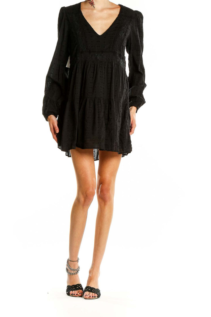 Black V Neck Embroidered Flare Dress