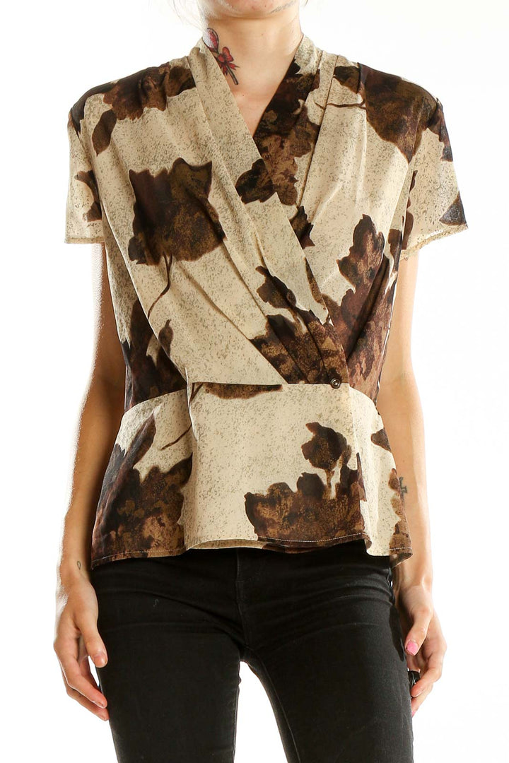 Brown Short Sleeve Silk Printed Blouse