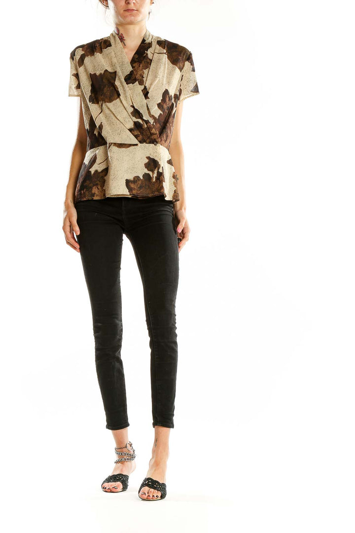 Brown Short Sleeve Silk Printed Blouse