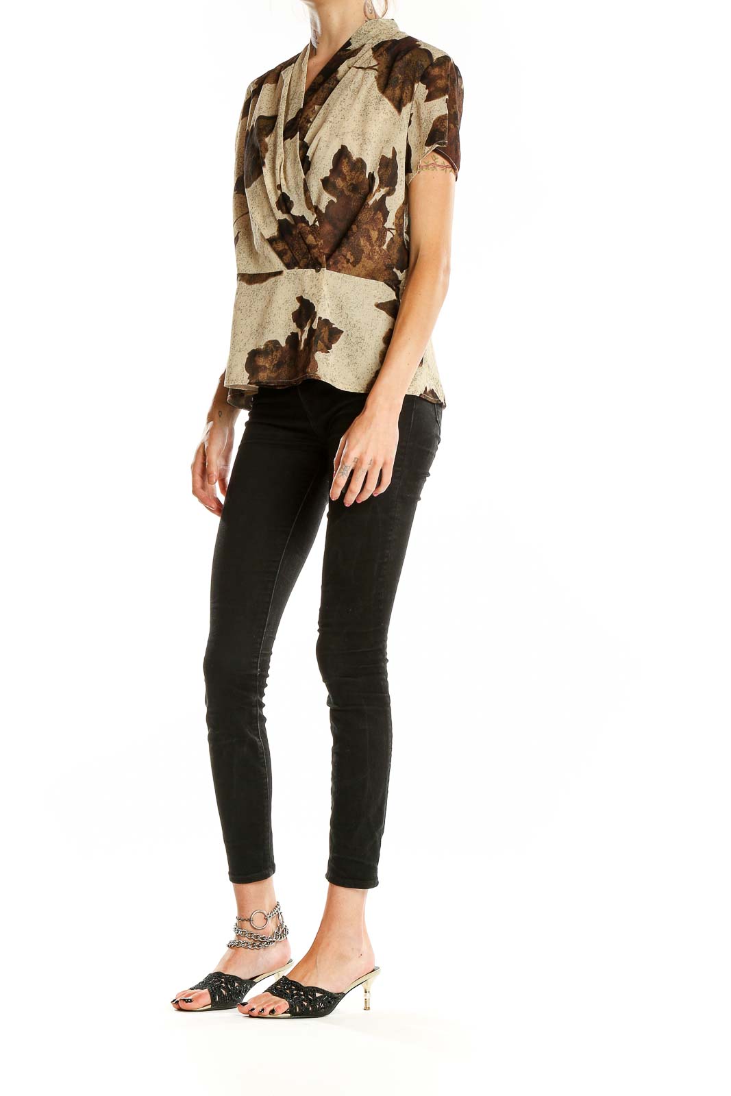 Brown Short Sleeve Silk Printed Blouse