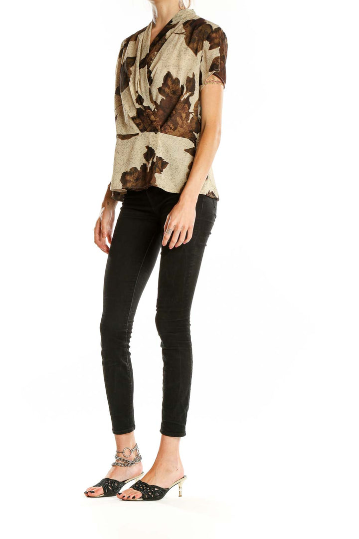 Brown Short Sleeve Silk Printed Blouse