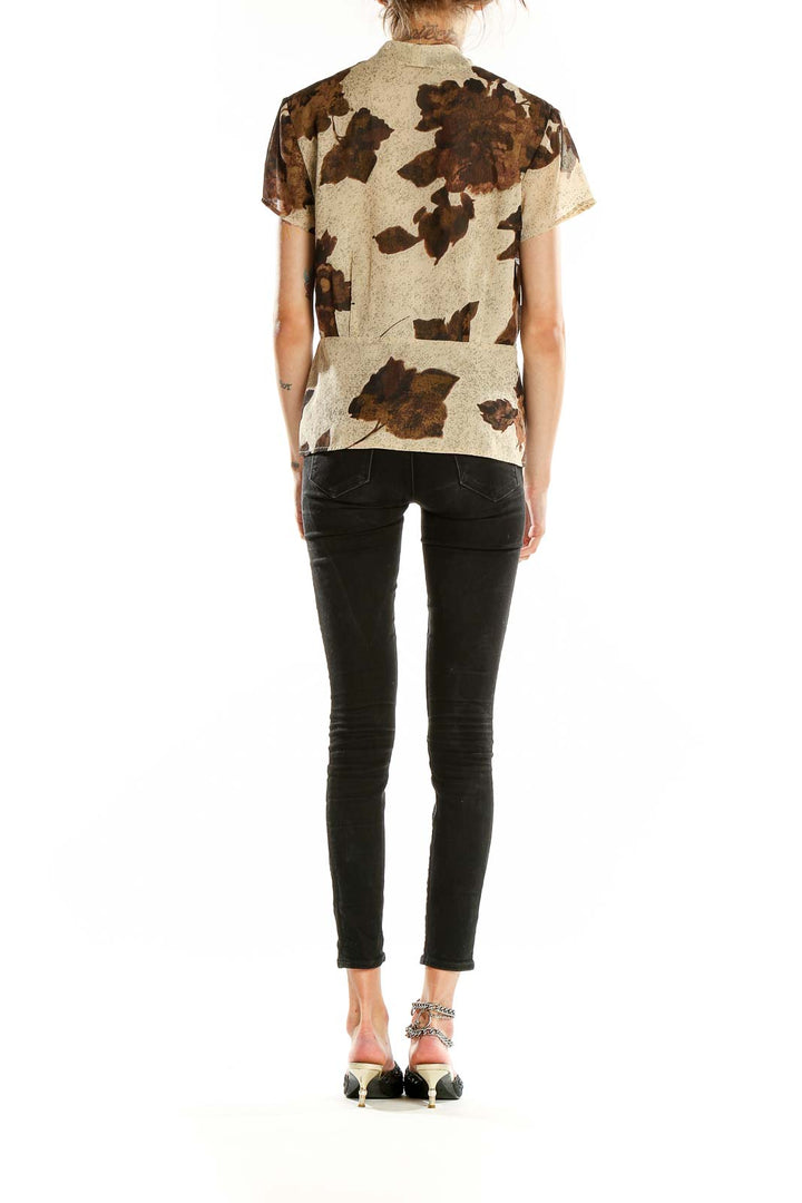 Brown Short Sleeve Silk Printed Blouse