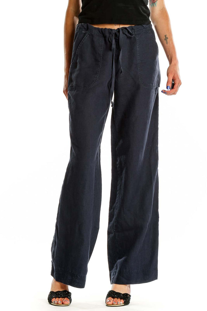 Blue Wide Leg Casual Linen Pants