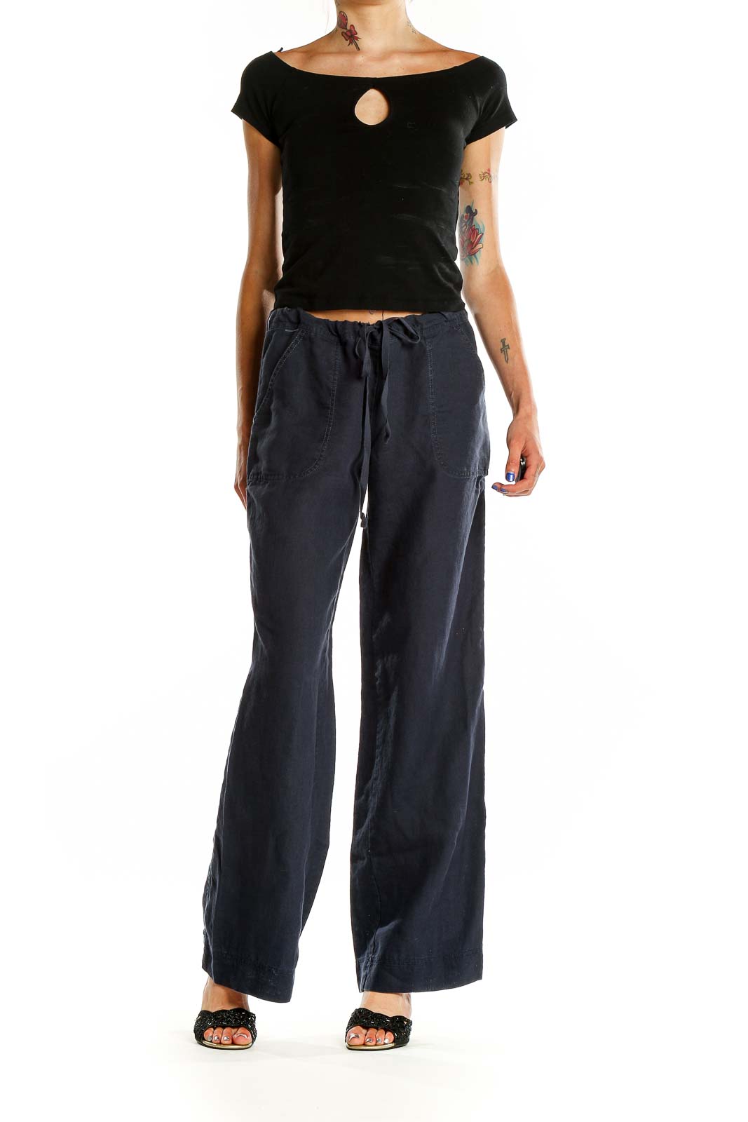 Blue Wide Leg Casual Linen Pants