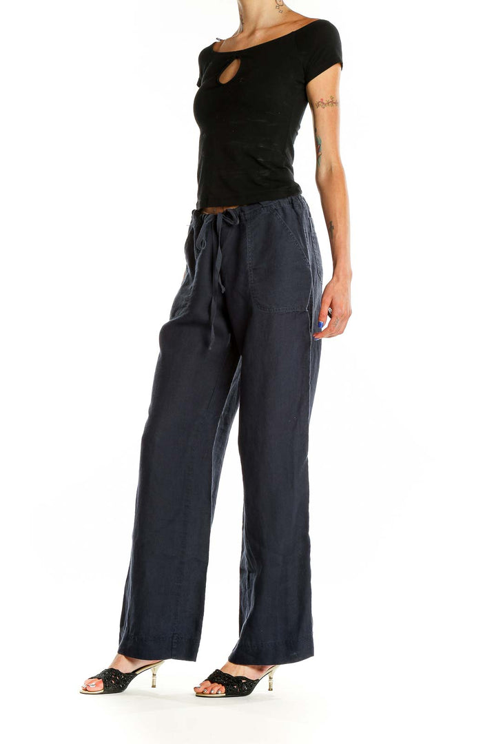 Blue Wide Leg Casual Linen Pants