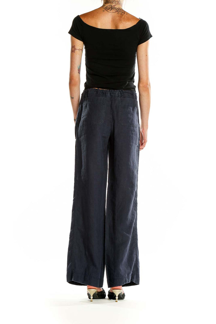 Blue Wide Leg Casual Linen Pants