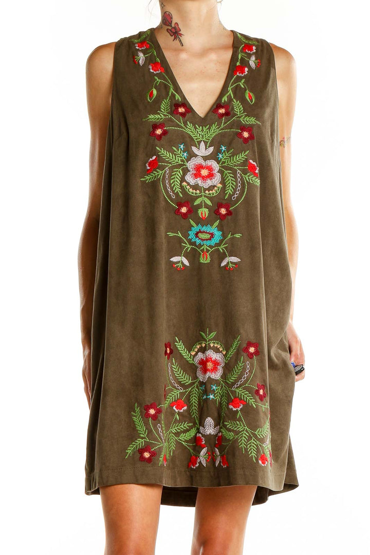 Brown Embroidered Shift Dress