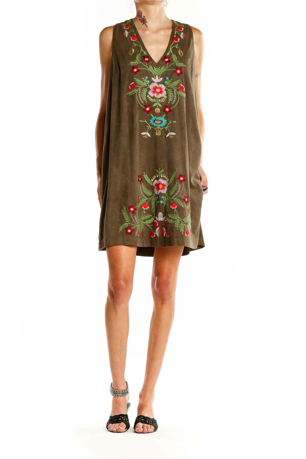 Brown Embroidered Shift Dress