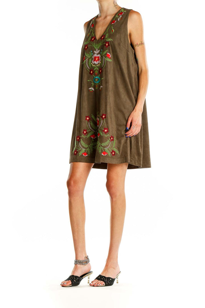 Brown Embroidered Shift Dress