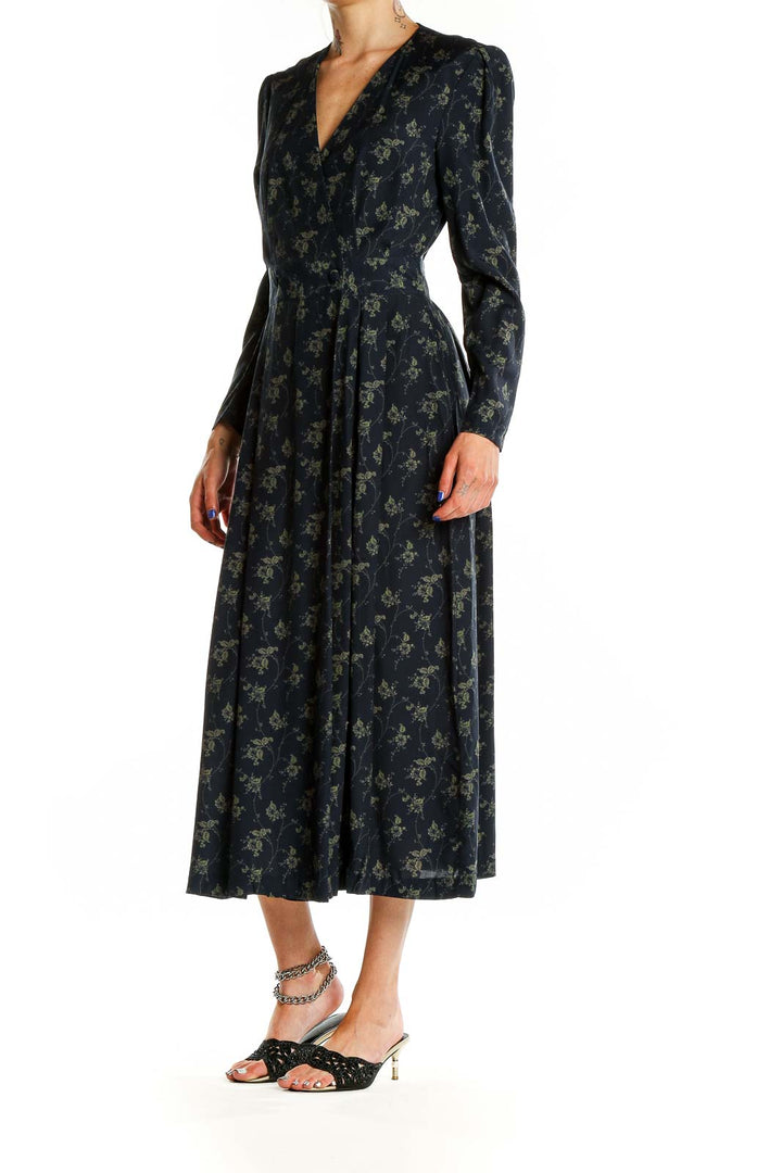 Blue Green Floral Print Retro Dress