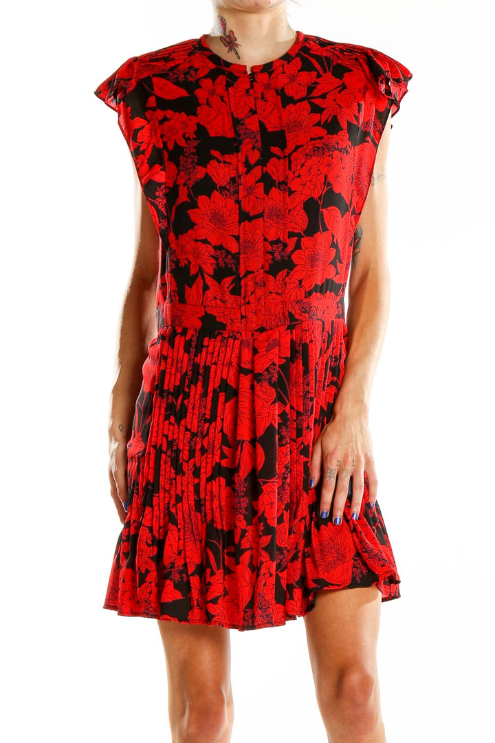 Red Blue Floral Print Pleated Dress