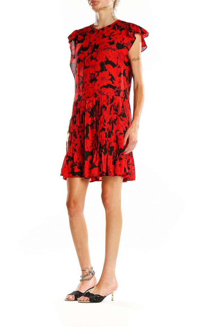 Red Blue Floral Print Pleated Dress