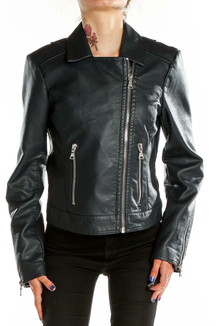 Dark Blue Leather Moto Jacket