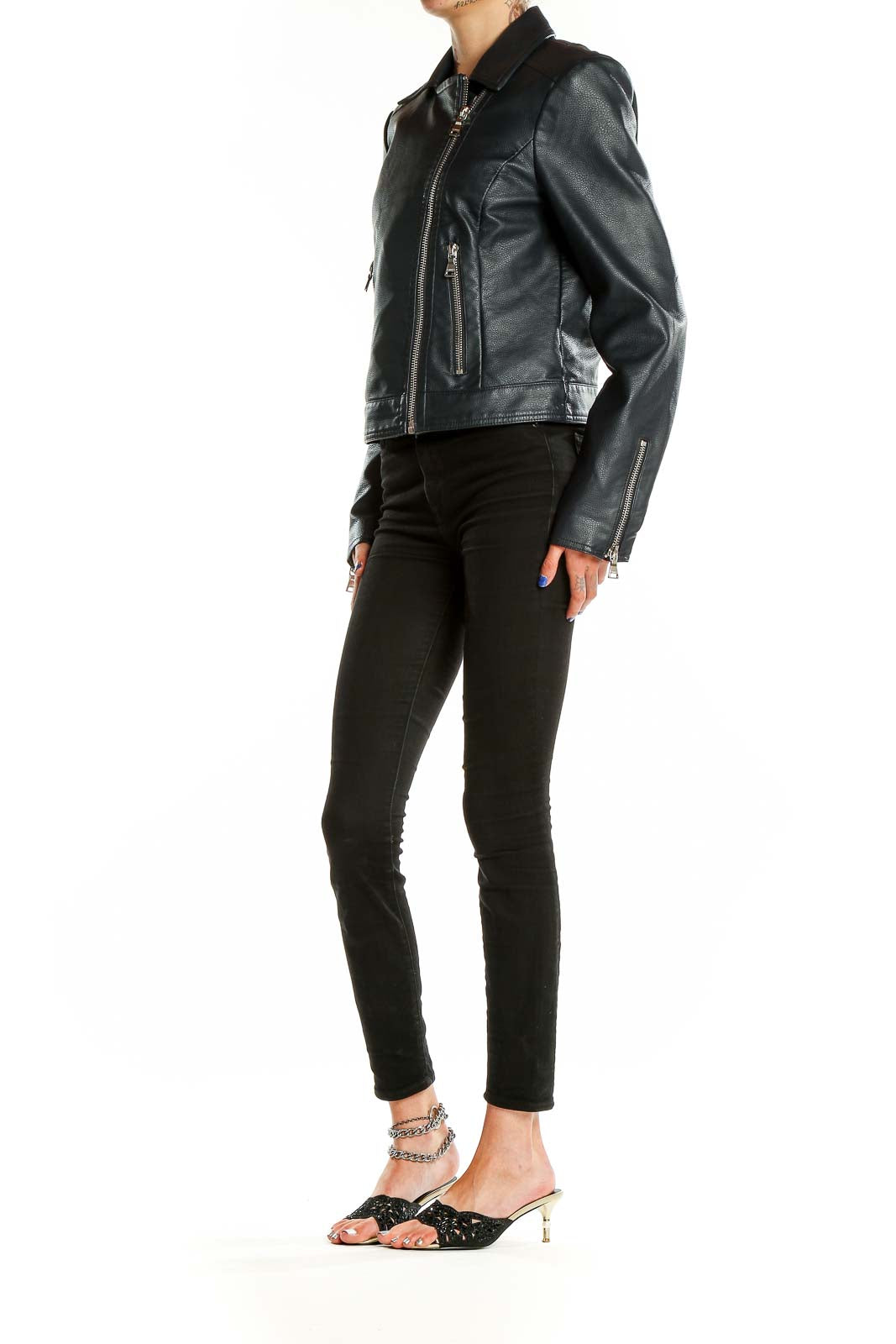 Dark Blue Leather Moto Jacket