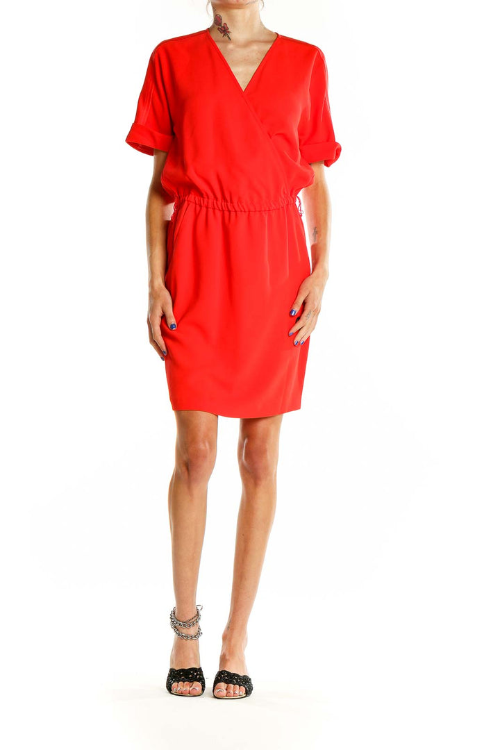 Front view of red Trina Turk wrap-style dress with V-neckline and elbow-length sleeves