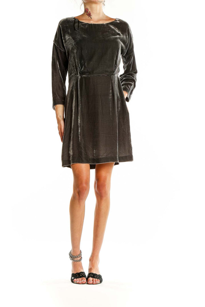 Gray Long Sleeve Velour Mini Dress