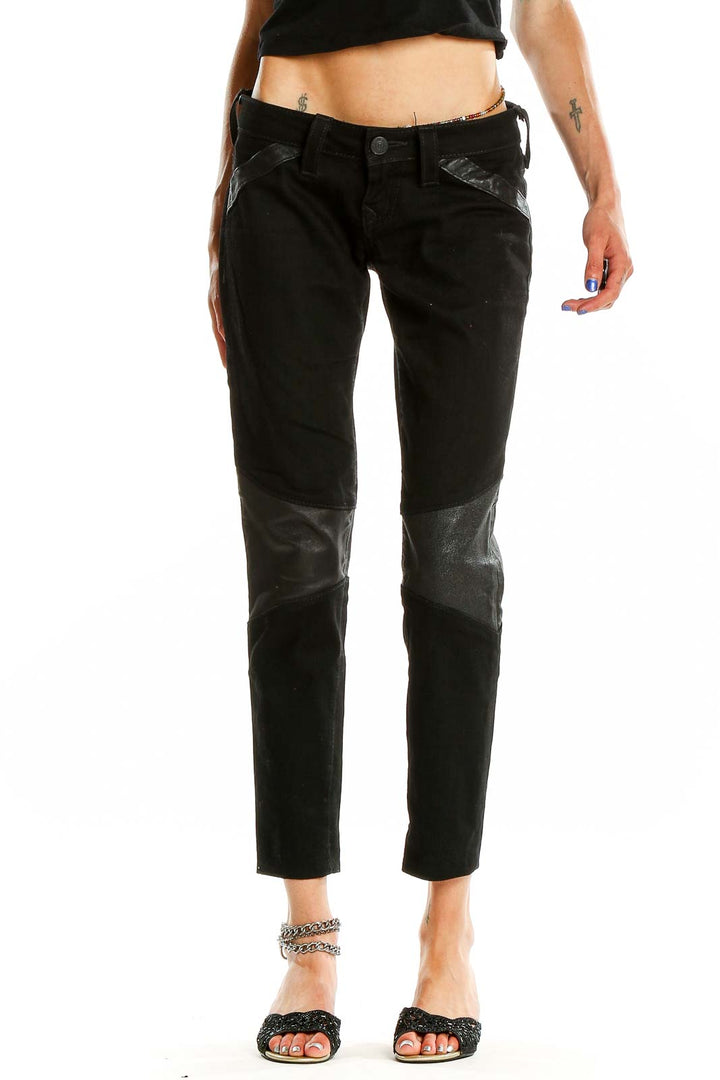 Black Leather Panel Skinny Jeans