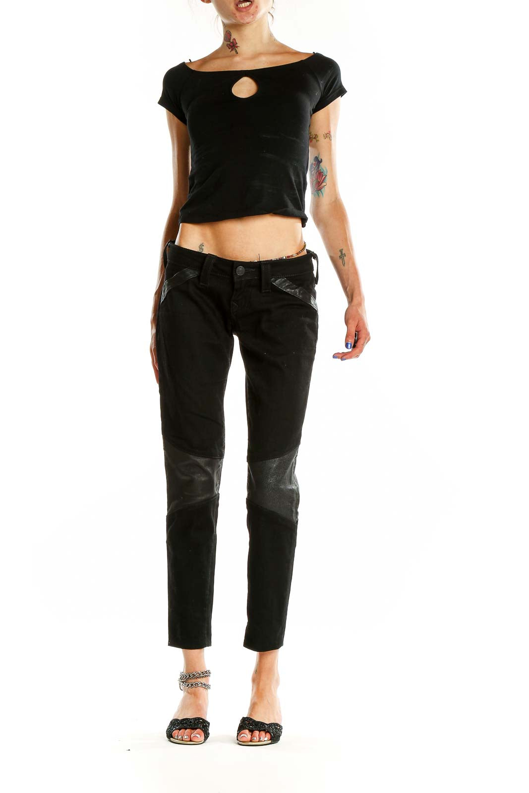 Black Leather Panel Skinny Jeans