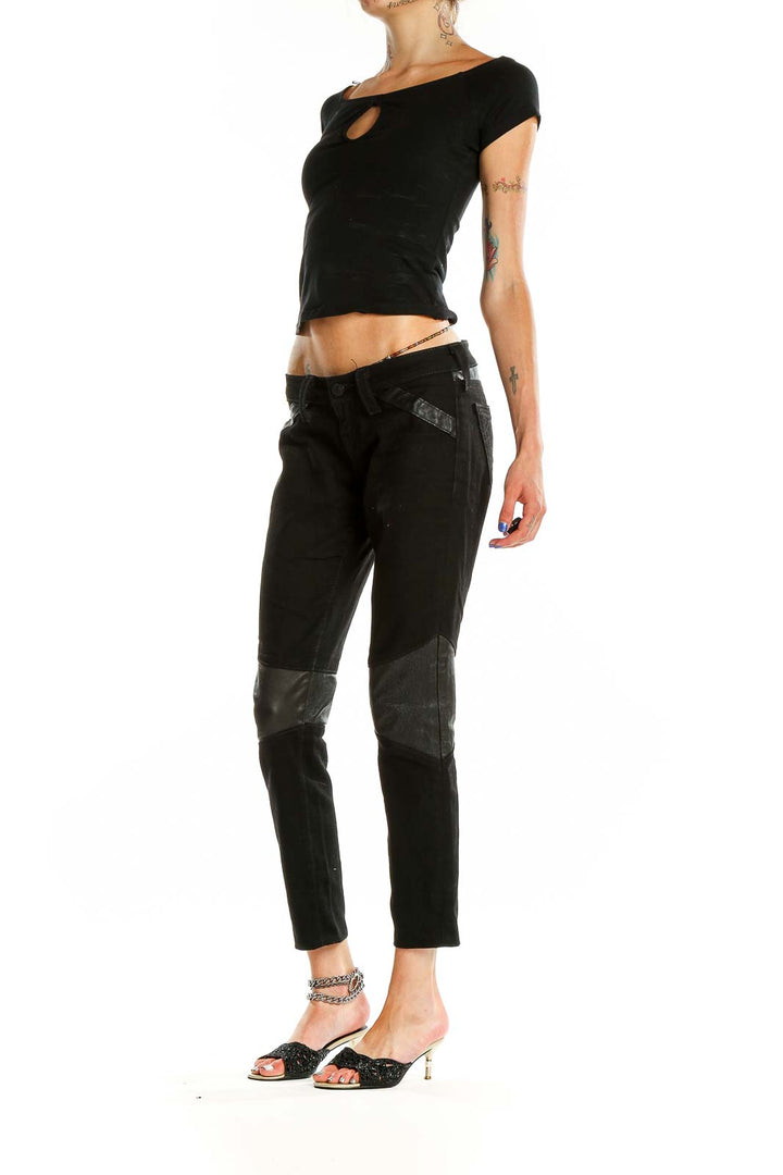 Black Leather Panel Skinny Jeans