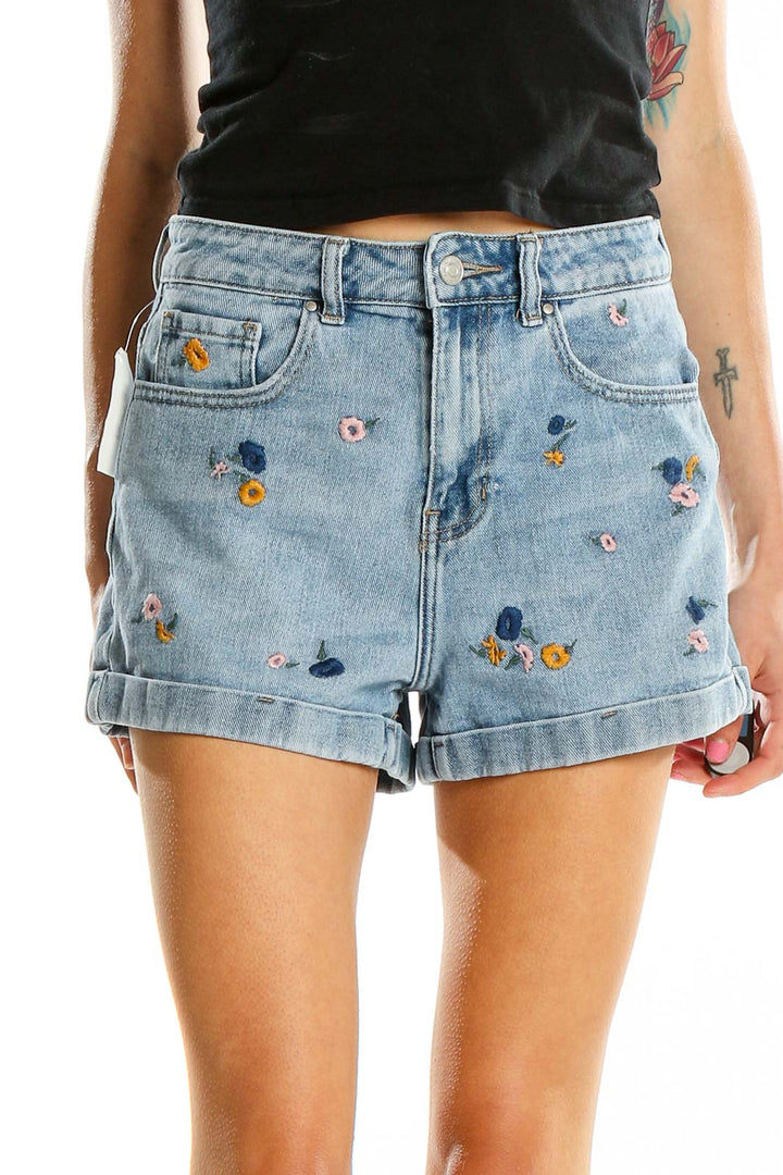 Blue Denim Floral Embroidered Shorts