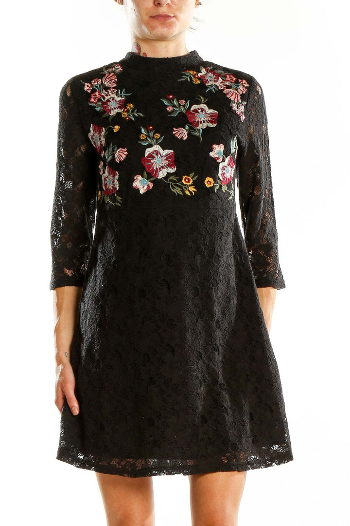 Black Embroidered Floral Lace Mini Dress