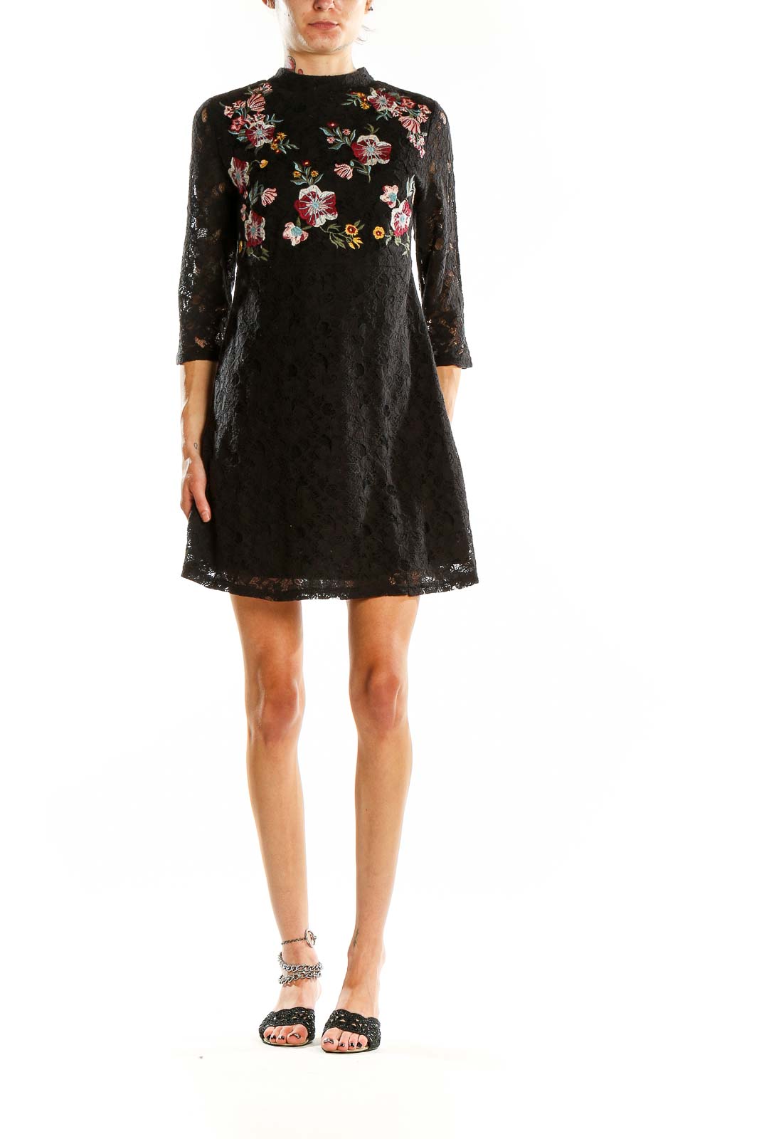 Black Embroidered Floral Lace Mini Dress